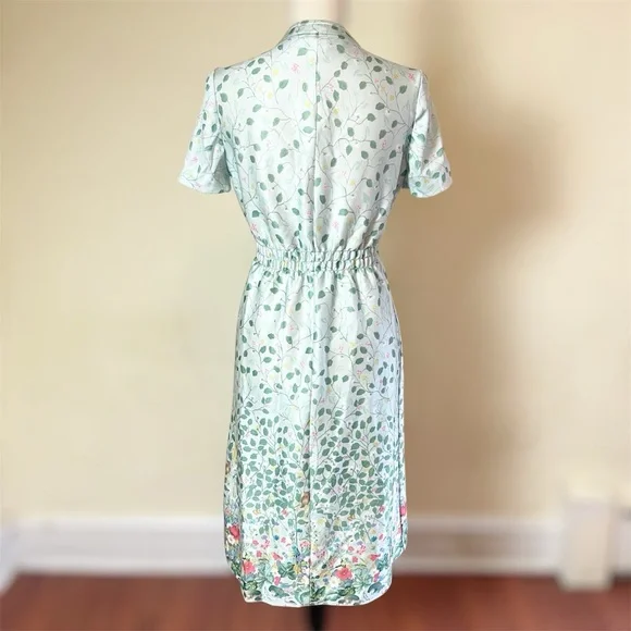 Vintage 1970s LF Petites Women's 6 Green Floral Whimsical Border Hem Belt Dress - Picture 2 of 11